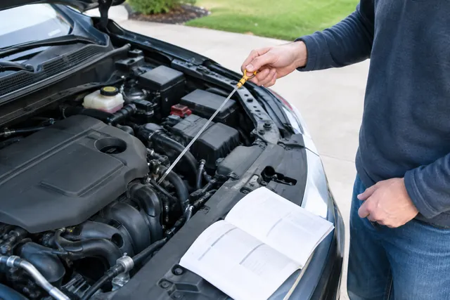 Owner checking an engine oil dipstick beside an open vehicle owner's manual