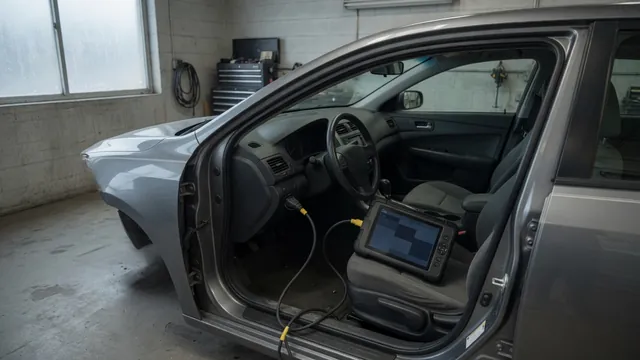Diagnostic scan tool displaying P1130 beside a parked vehicle in an automotive workshop