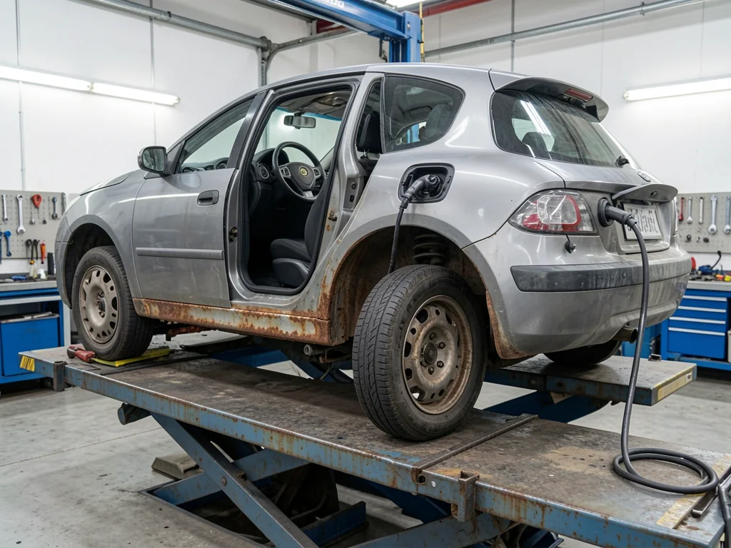Visible corrosion along a used car’s lower body and underbody on an inspection lift