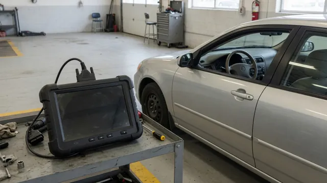 Diagnostic scanner displaying P1212 beside a parked vehicle with its engine off