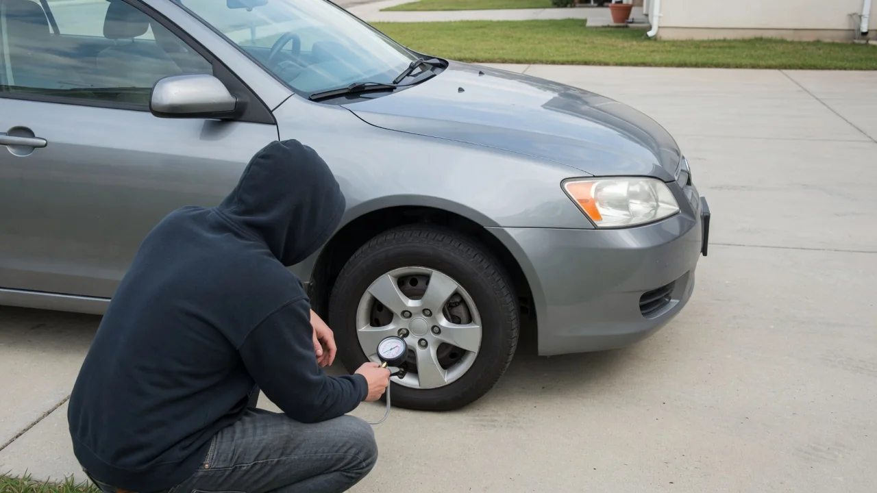 Tire pressure gauge checking a Lexus tire with the vehicle parked