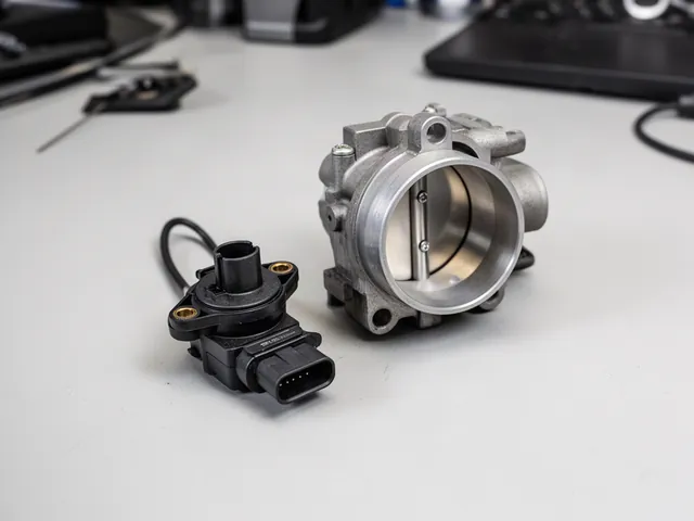 Throttle position sensor and electrical connector beside a throttle body on a clean workbench