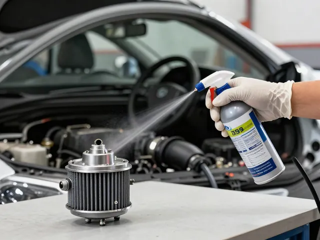 Gloved hands spraying a removed mass air flow sensor with cleaner over a workbench