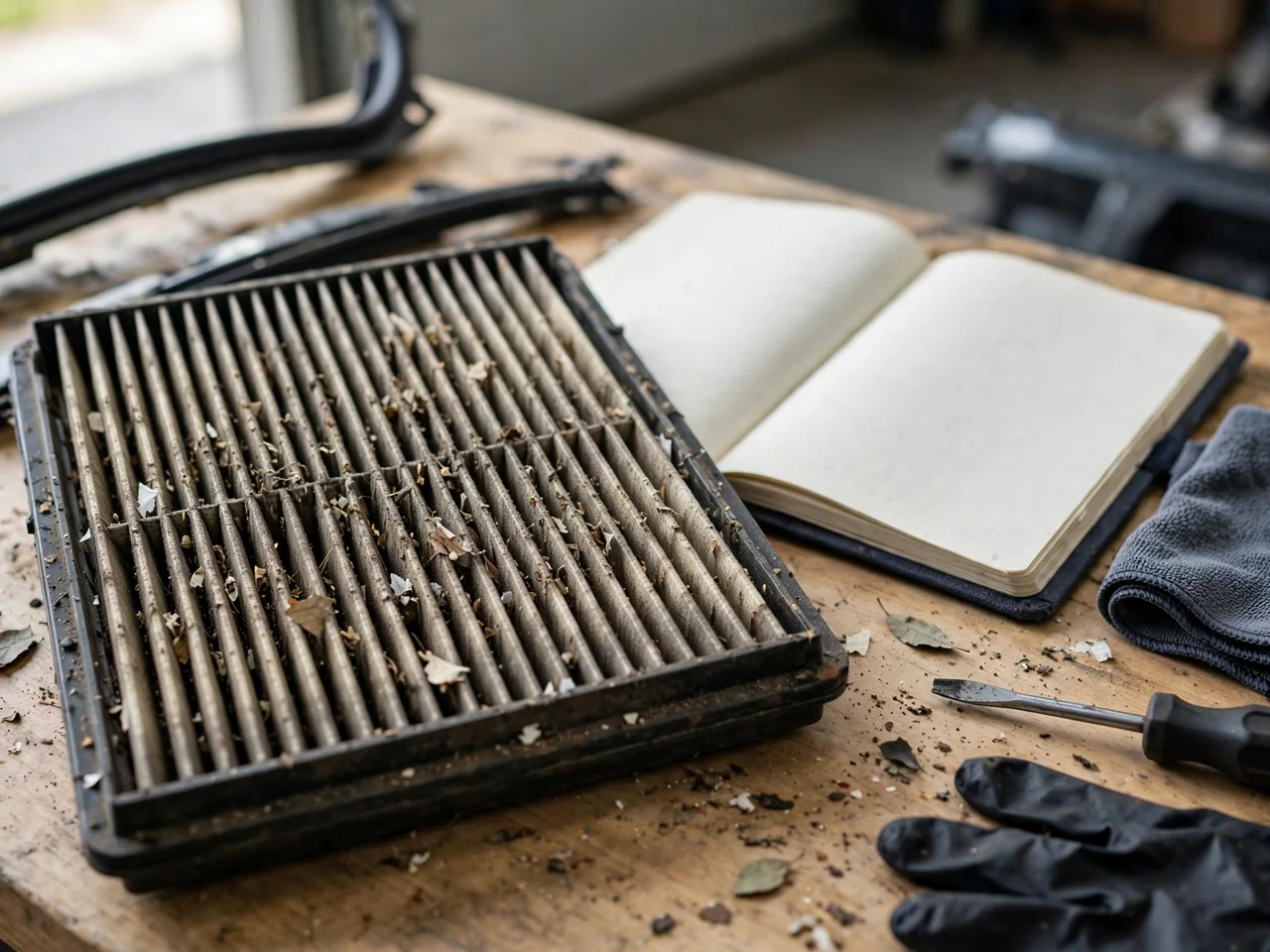 Pleated cabin air filter with trapped dust and small leaves resting beside a vehicle maintenance log.