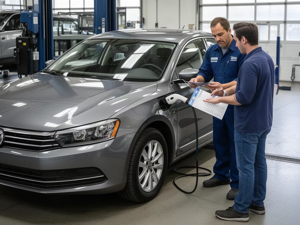 Mechanic inspecting a used car in a service bay while a buyer reviews an inspection checklist.