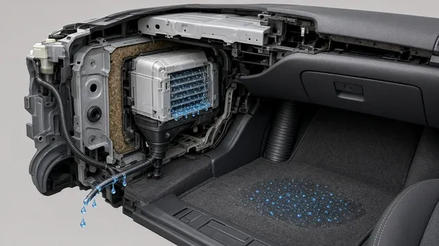 Car AC evaporator drain illustration showing condensation draining outside and water collecting near passenger carpet