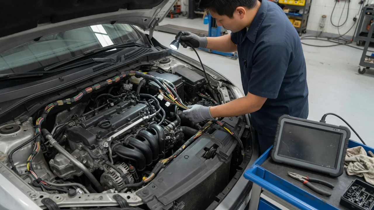 Technician inspecting engine wiring during diagnosis of a camshaft actuator circuit fault