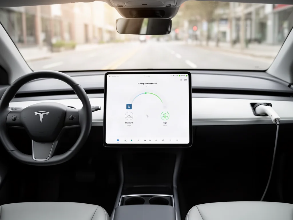 Electric SUV touchscreen showing a regenerative braking level setting in the driving settings menu