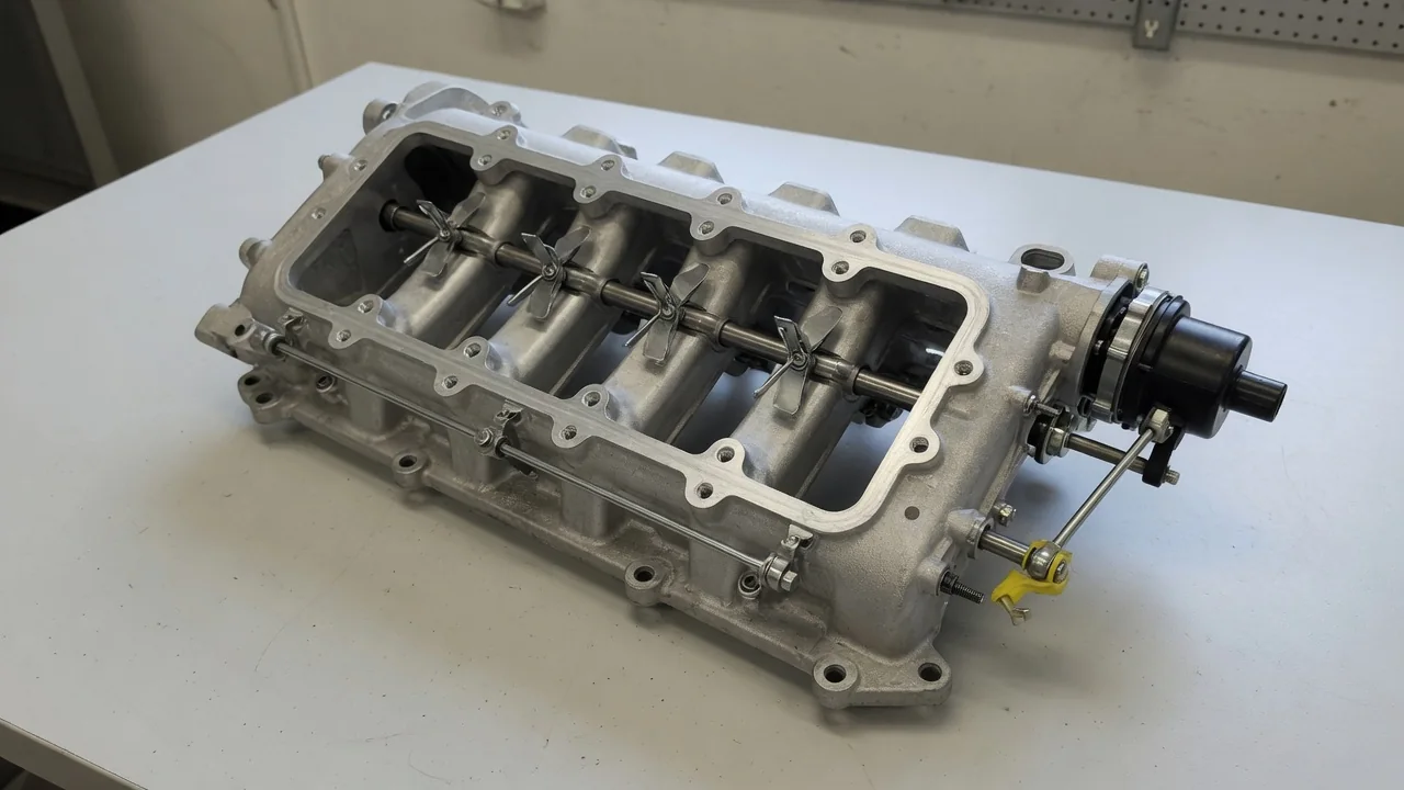 Illustration of an intake manifold with runner flaps, actuator and external linkage