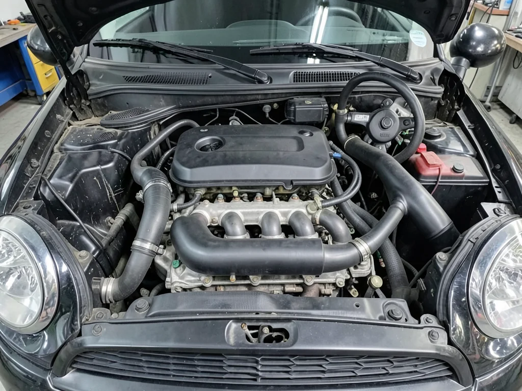 Mini Cooper engine bay with the valve cover and crankcase ventilation components in view
