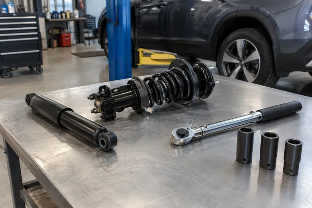 Shock absorber, assembled strut, torque wrench, and pass-through sockets arranged on a workshop bench