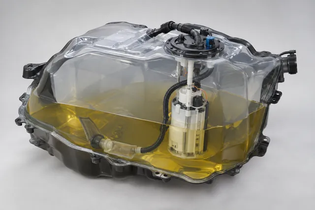 Conceptual fuel tank cutaway showing a pump module and its inlet strainer