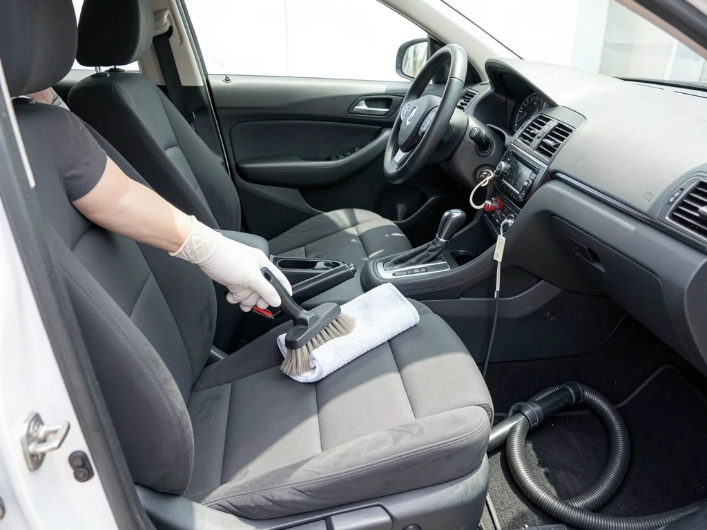 Person detailing a car interior with a soft brush and microfiber towel on a cloth seat, vacuum crevice tool on the carpet