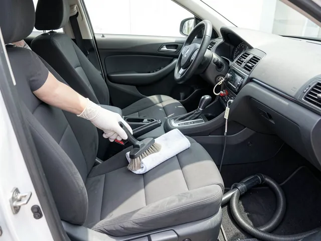 Person detailing a car interior with a soft brush and microfiber towel on a cloth seat, vacuum crevice tool on the carpet