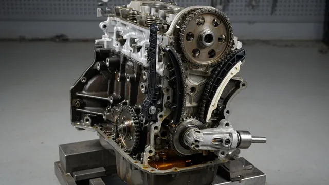 Illustration of a timing chain, guides, and tensioner inside an automotive engine