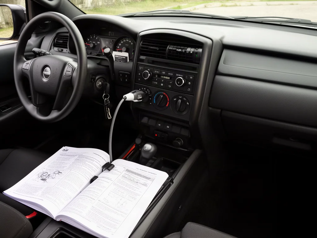 Dashboard ignition controls and fuel gauge beside a parked vehicle's owner's manual