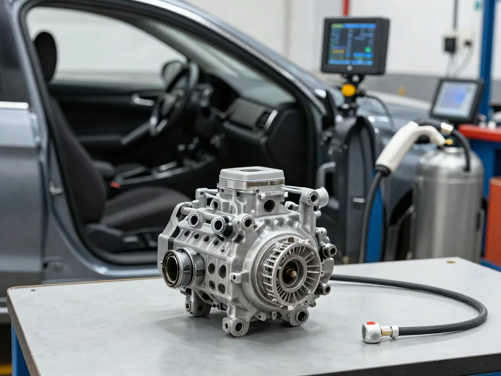 Car AC compressor and receiver-drier on a workbench beside an automotive AC service station