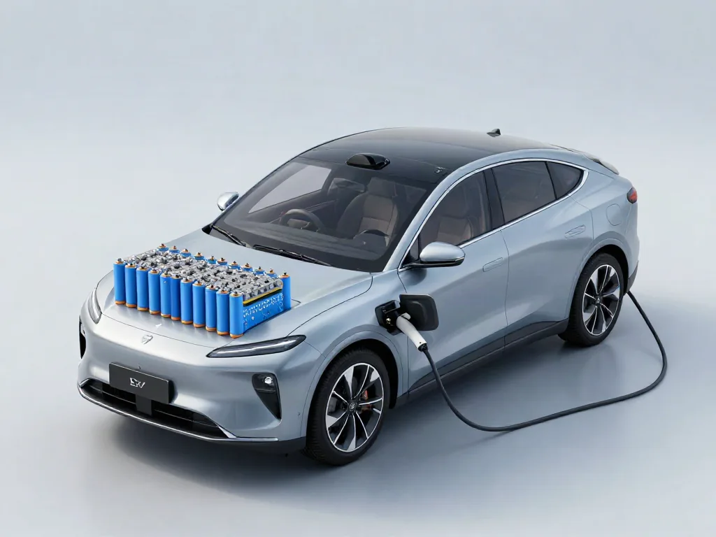 Conceptual EV battery cells showing electrode layers, a solid electrolyte and a charging connection