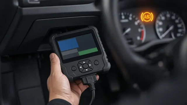 Scan tool connected to a car's diagnostic port showing chassis trouble codes, with the ABS warning light on in the background