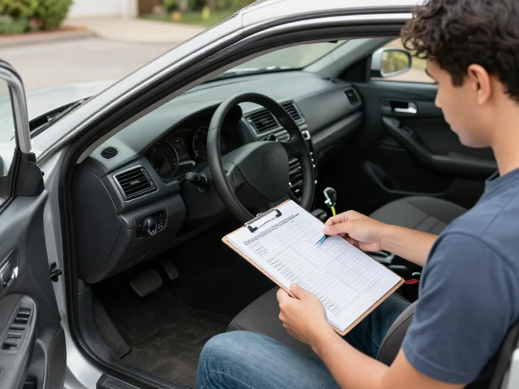 Buyer reviewing maintenance records beside a used car with an inspection checklist