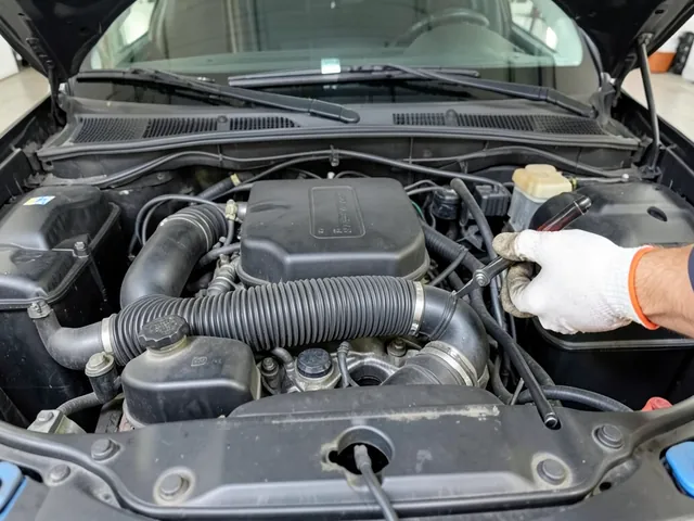 Serpentine belt routed around alternator and tensioner pulleys in a car engine bay with a belt tool on the tensioner
