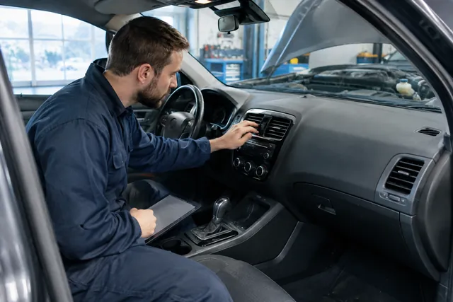 Technician inspecting a car's dashboard heater vents and climate controls in a repair shop