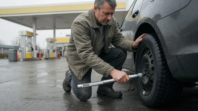 Using the Tire Pressure Gauge at a Gas Station