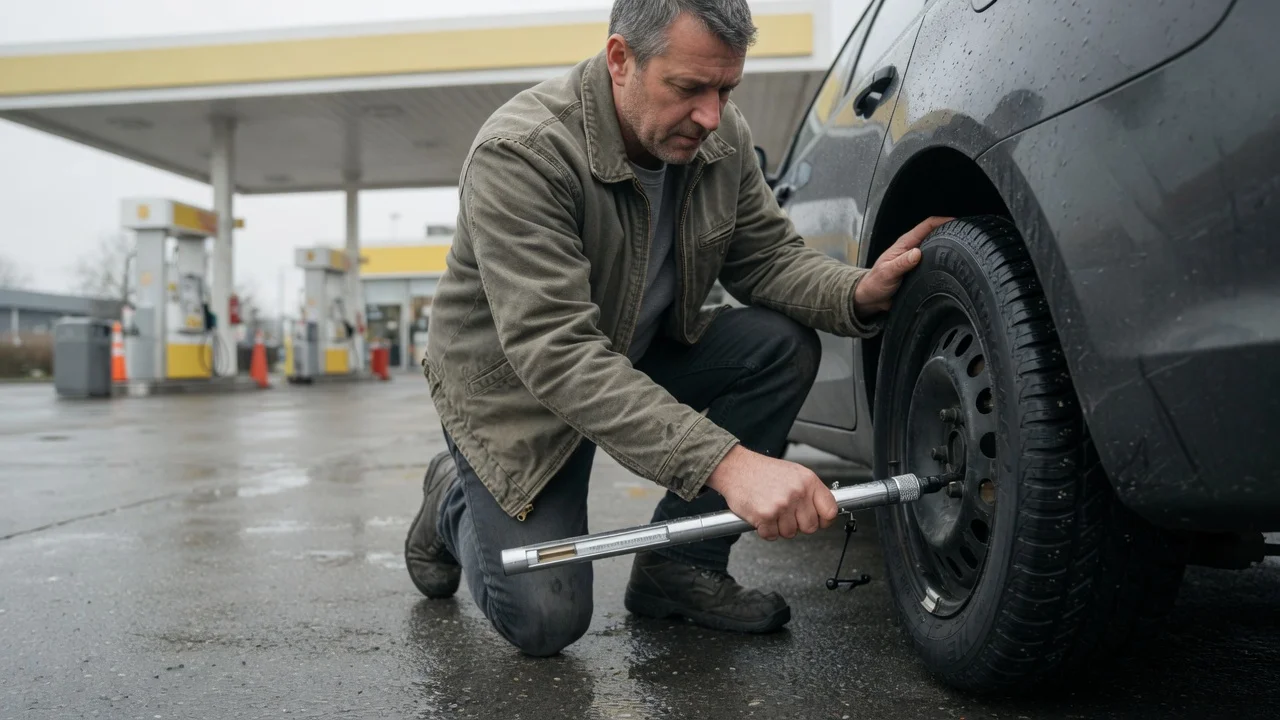 Using the Tire Pressure Gauge at a Gas Station