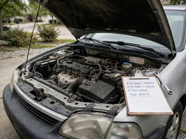 Timing belt service label under an open hood with a maintenance receipt nearby