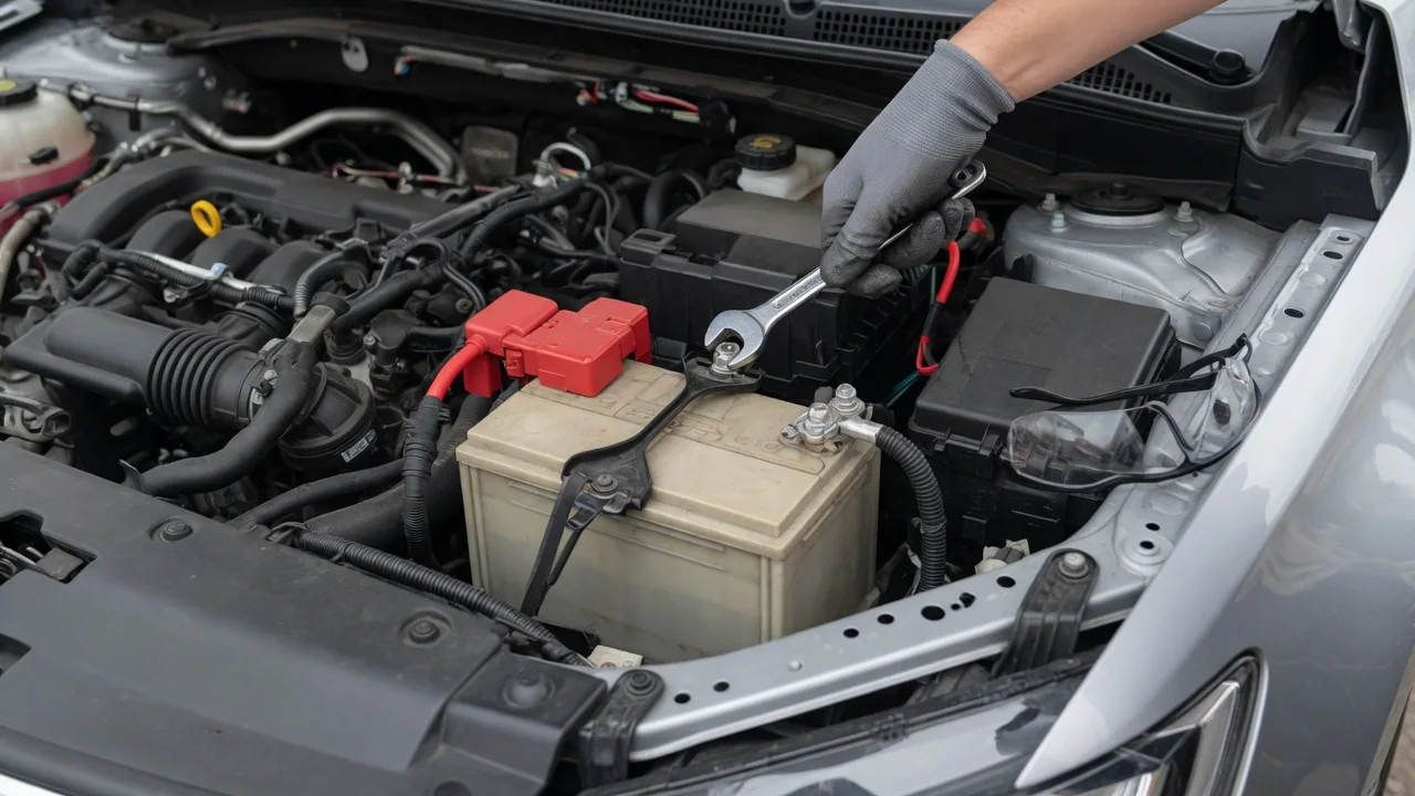 Gloved hand loosening the negative terminal clamp on a car battery with a wrench