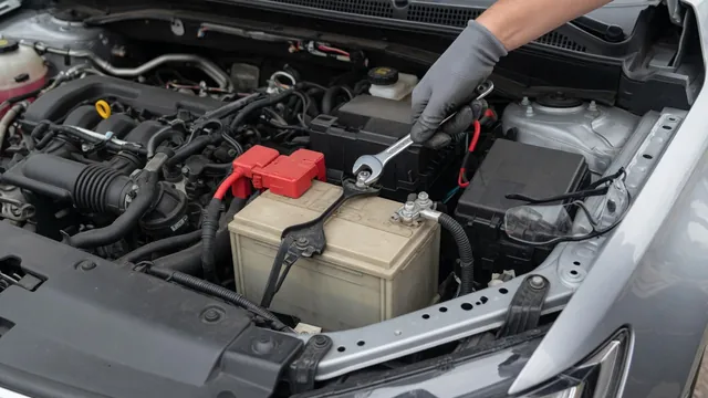 Gloved hand loosening the negative terminal clamp on a car battery with a wrench