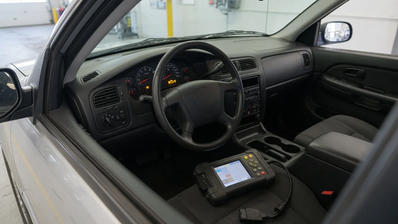 Diagnostic scan tool beside a vehicle with drivetrain communication warnings on the dashboard