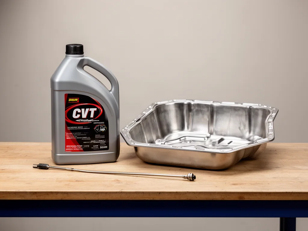 Bottle of CVT transmission fluid next to a drain pan and dipstick on a workshop bench