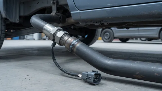 Illustration of an oxygen sensor installed in a BMW exhaust system with its wiring connector visible