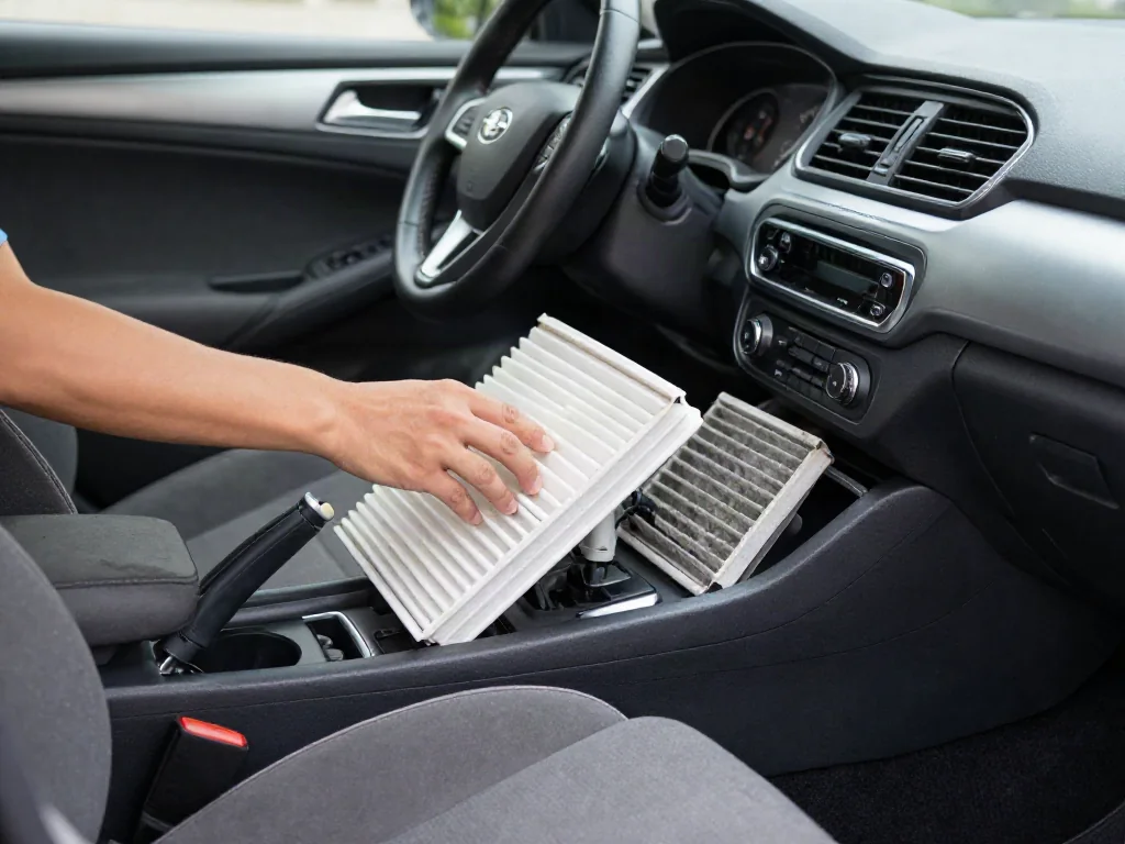 Hands installing a new cabin air filter into a car's glovebox housing with the old dirty filter beside it