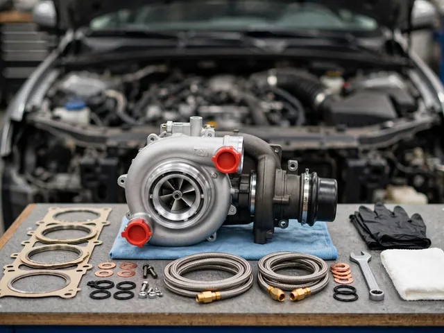 Turbocharger with protected oil ports and organized installation components on a clean workshop bench