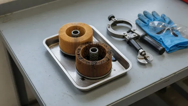 Opened used oil filter with exposed pleated media, a dedicated filter cutter, and a clean inspection tray