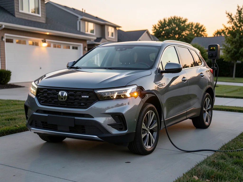 Premium electric SUV plugged into a home charger in a driveway at dusk