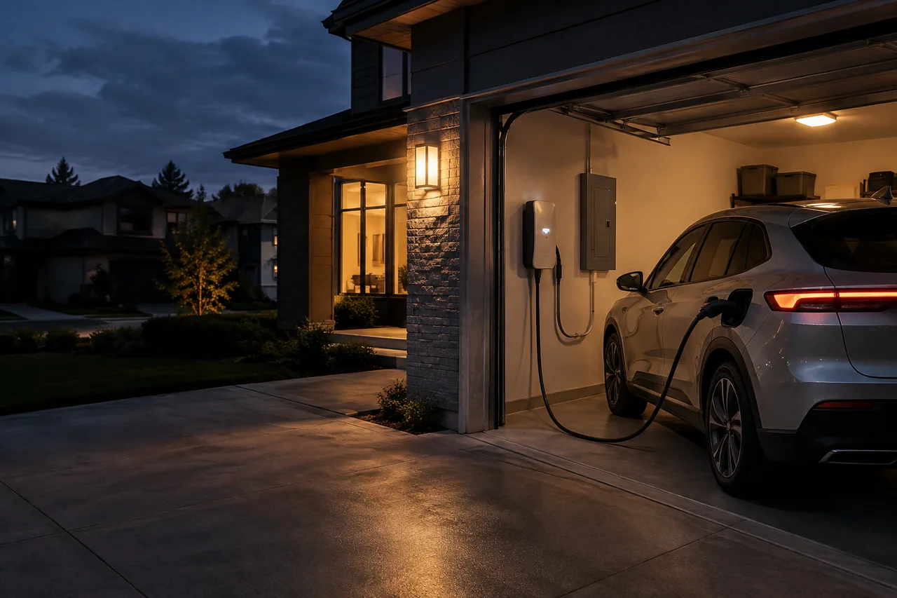 Electric car plugged into a bidirectional wall charger, powering a lit home during a neighborhood power outage