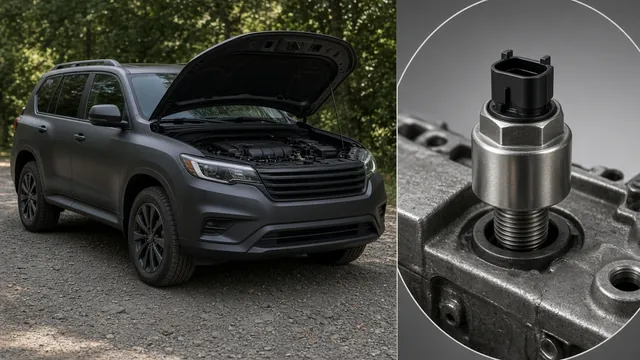 Illustration of an oil pressure sensor beside an Audi A4 with its hood open