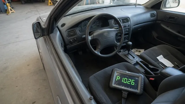 Diagnostic scanner displaying P1026 beside a parked vehicle with its engine off