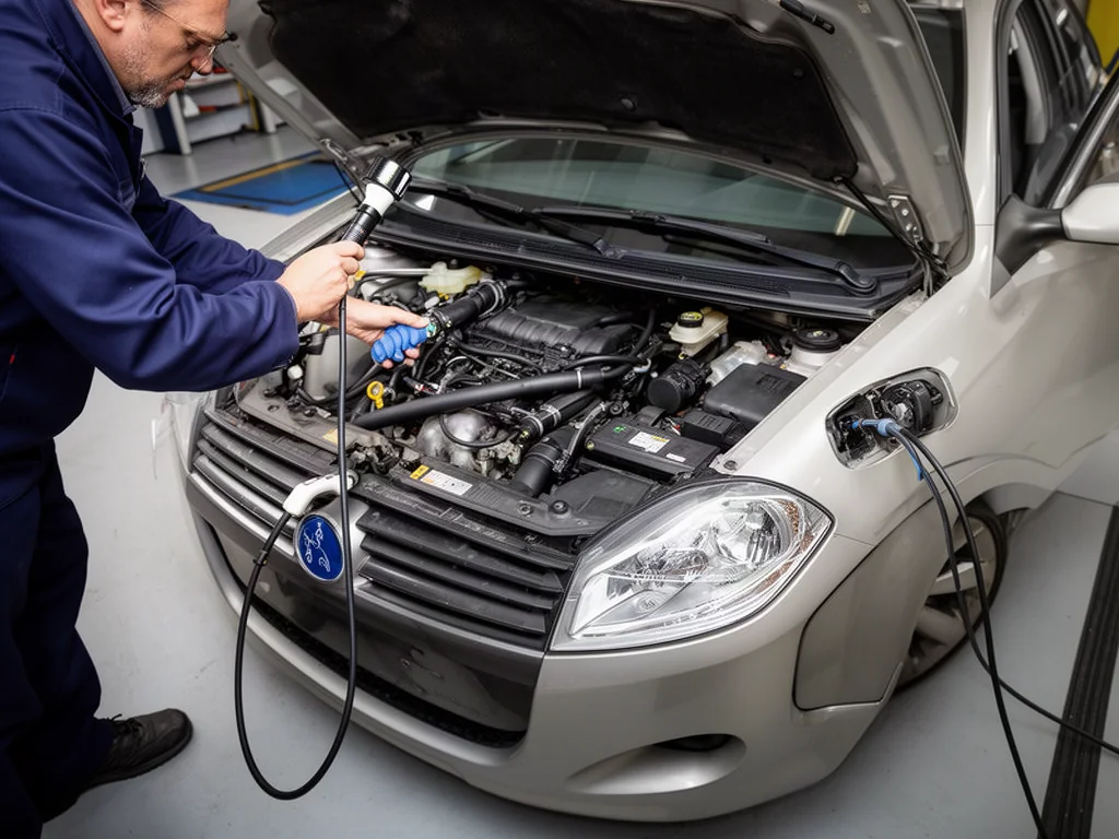 Accessible EVAP hoses and a fuel cap being inspected on a parked car with the engine off