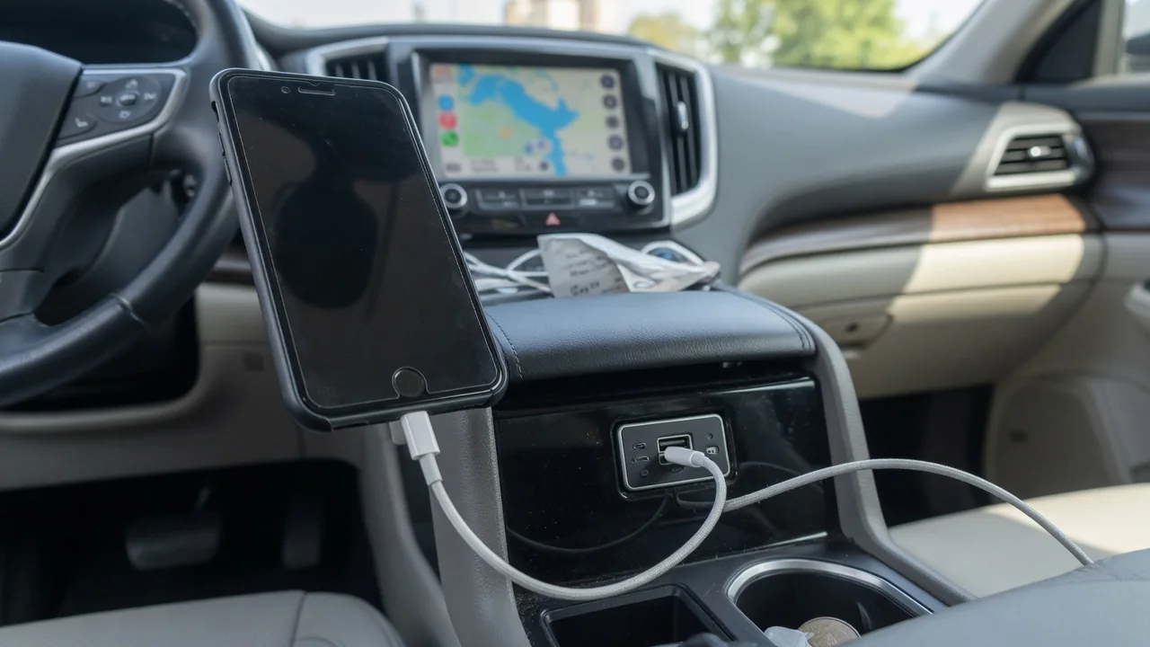 iPhone connected by USB cable to a car's console port, with the infotainment screen in the background