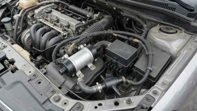 Illustration of a secondary air injection pump, relay, wiring, and valve in an engine compartment