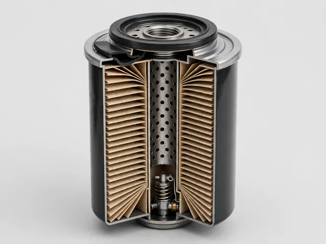 Cutaway engine oil filter showing pleated media, a central tube, a sealing gasket, and internal valves.
