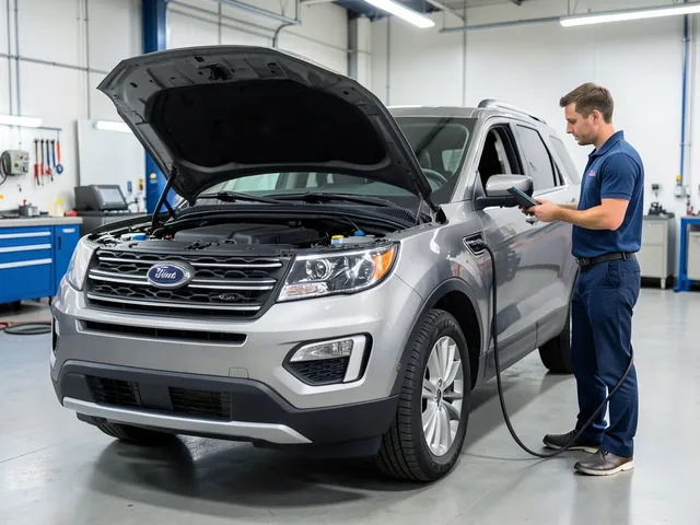 Ford Explorer with its hood open during a timing system inspection at an automotive shop