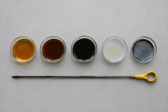 Illustrated engine oil samples showing amber, dark brown, black, milky, and metallic appearances.