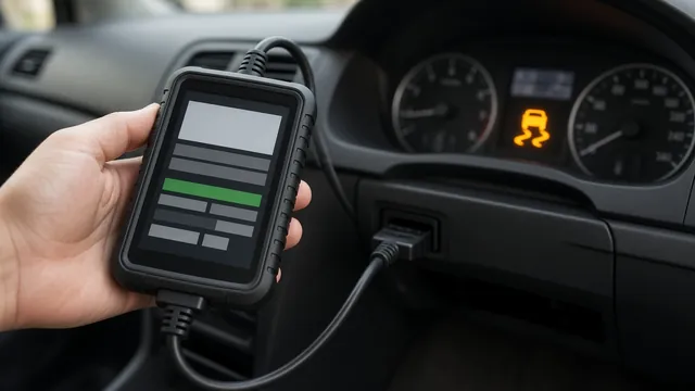 Diagnostic scan tool connected to a car's OBD-II port showing chassis codes, with a stability warning light on the dashboard