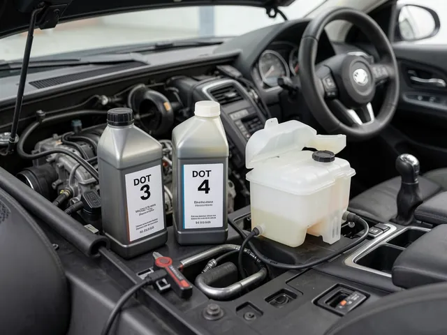 Two brake fluid bottles labeled DOT 3 and DOT 4 next to a car's brake fluid reservoir in the engine bay