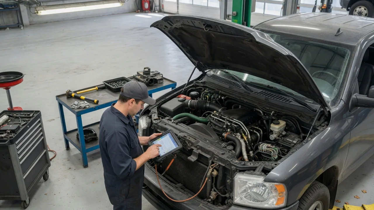 Technician reviewing diagnostic scan data beside a parked diesel vehicle with its hood open